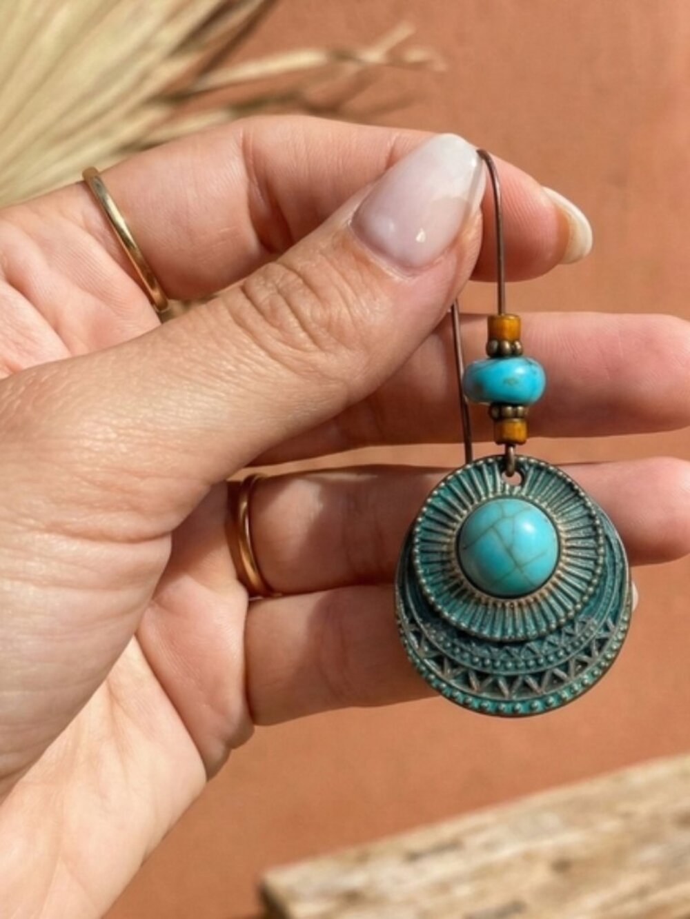 Boho Turquoise Drop Earrings Bronze Ethnic Carved Mandala Statement Dangle - Picture 8 of 12